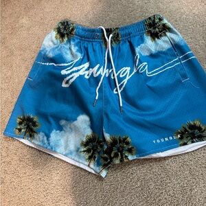 YoungLA Blue Swim Trunks with Tropical Design